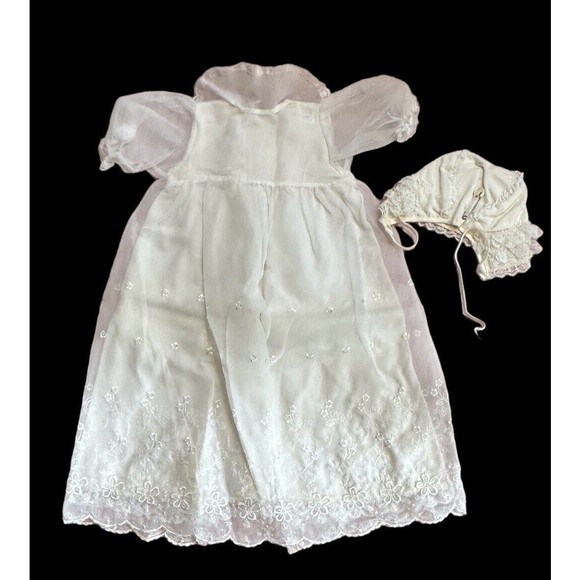 Vtg Phyllis Baby Wear Christening Dress Set White Embroidery Floral Gown Bonnet - Picture 2 of 16